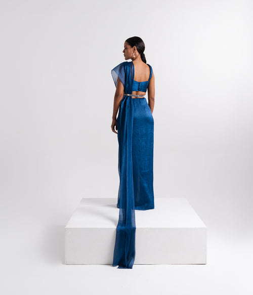 Teal Blue Draped Sheer Saree Set