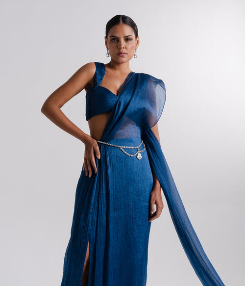 Teal Blue Draped Sheer Saree Set