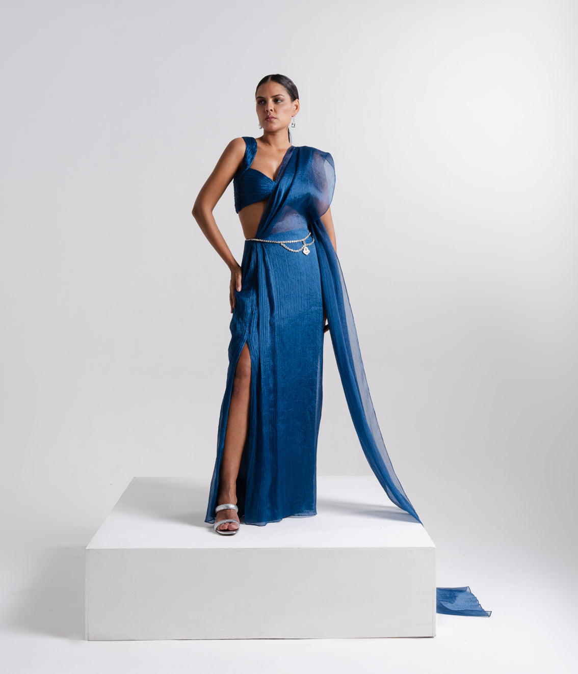 Teal Blue Draped Sheer Saree Set