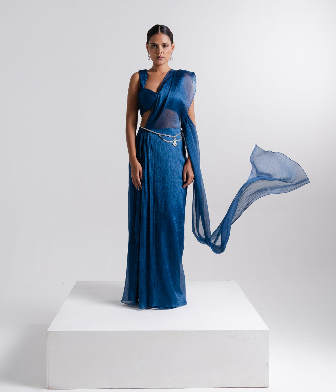 Teal Blue Draped Sheer Saree Set