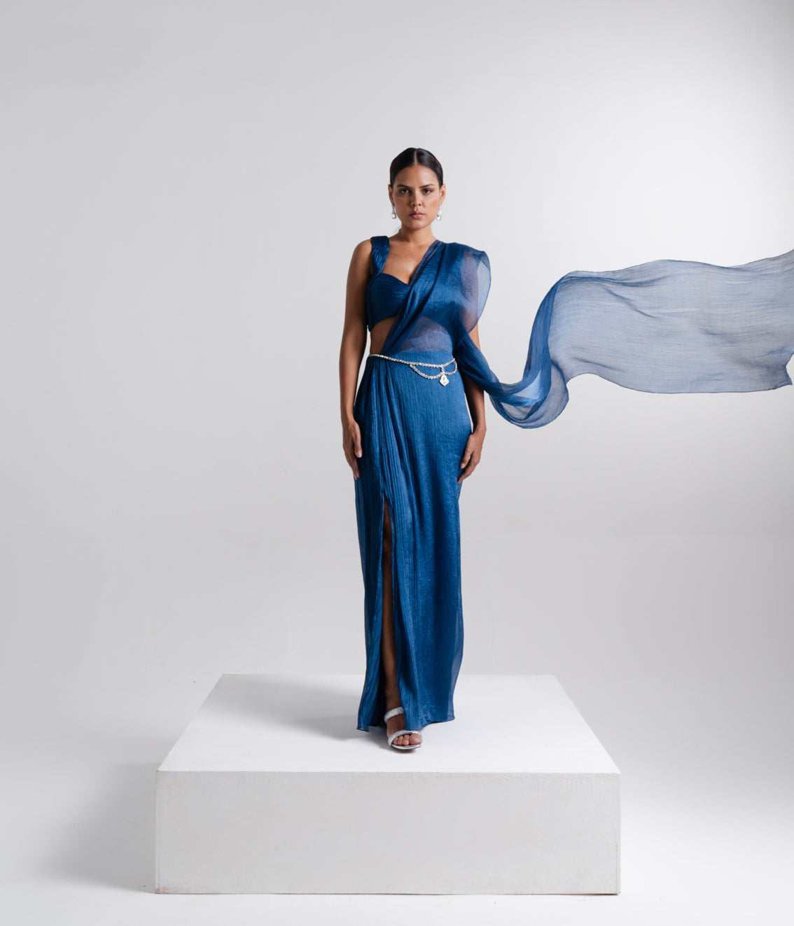 Teal Blue Draped Sheer Saree Set