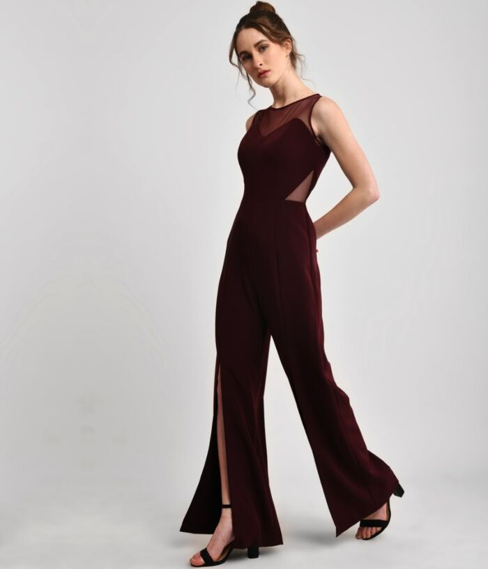Attention Seeker Cranberry Sheer Cutout Jumpsuit with High Slits