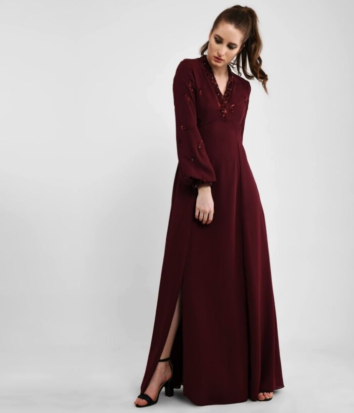 Classy Cranberry Hand Embellished Vneck Dress