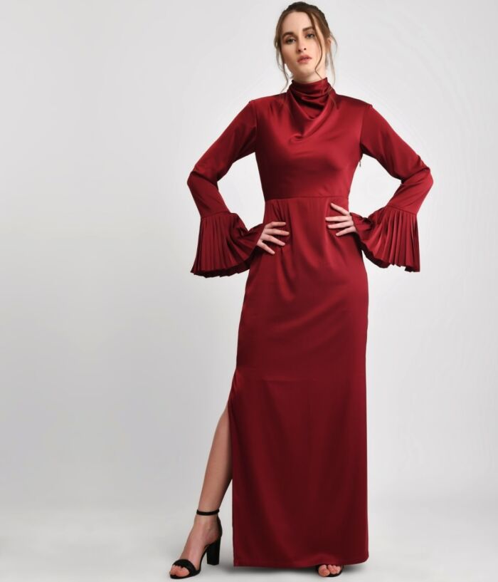 Classy Maroon High Cowl Neck Long Dress With Pleated Flared Sleeves