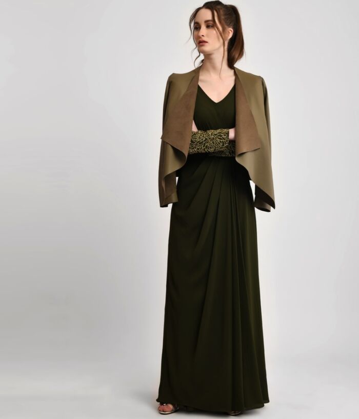Deep Olive Green Embellished Draped Gown
