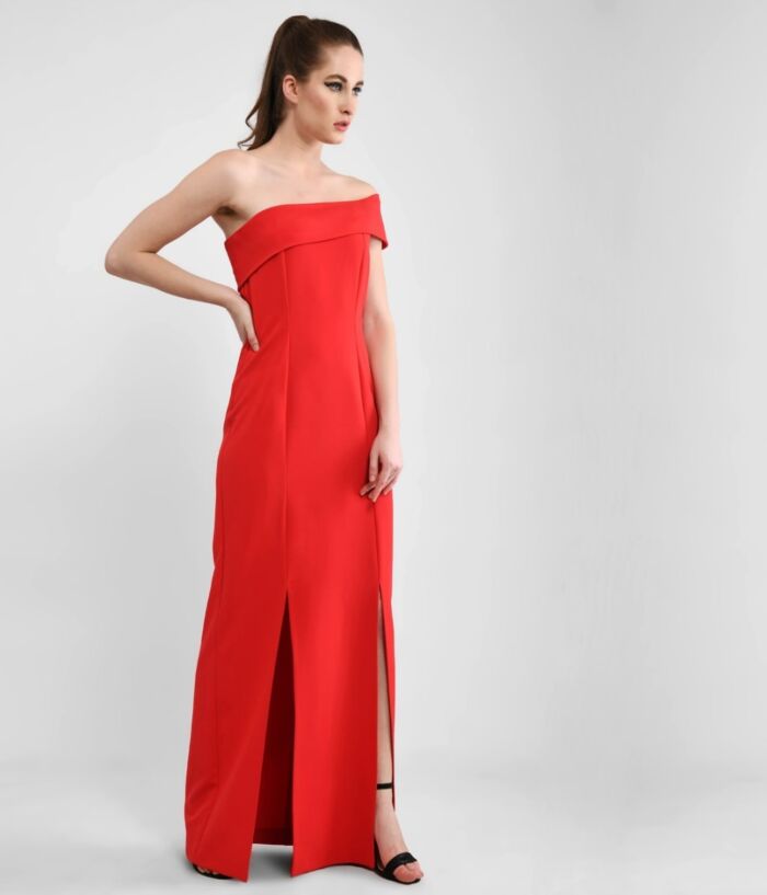 Diva In Red One Shoulder Bardot Long Dress