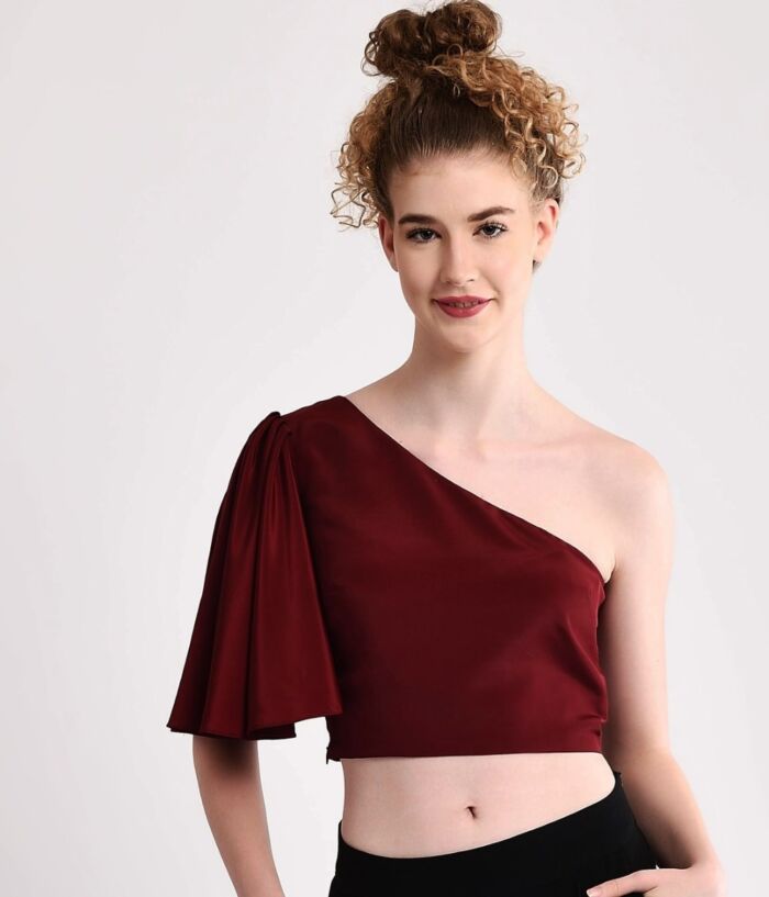 Flirty One Shoulder Maroon Top With Flared Sleeves
