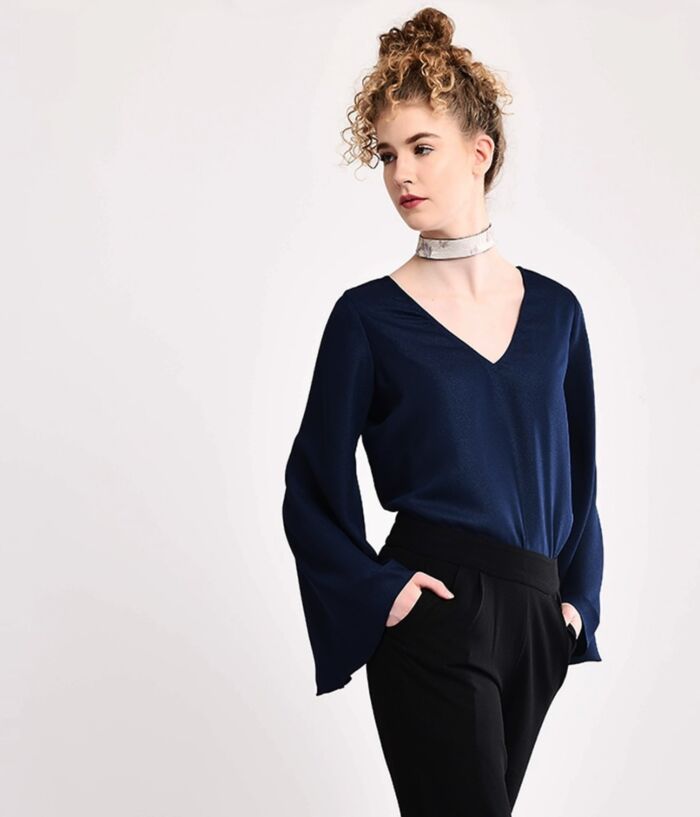 Navy Blue Comfort Chic V neck Top With Bell Sleeves And Choker