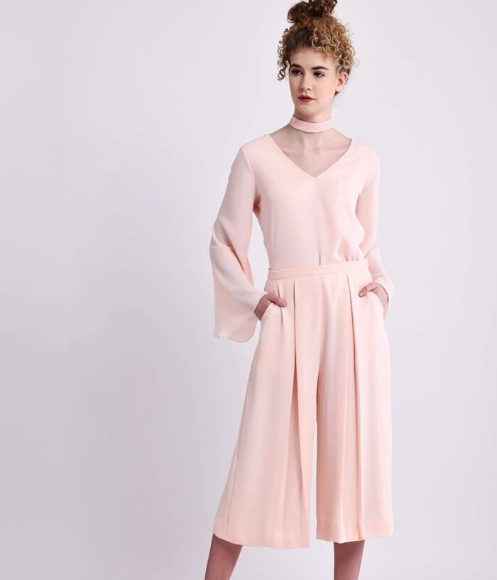 Pale Pink Comfort Chic Vneck Top With Bell Sleeves And Choker