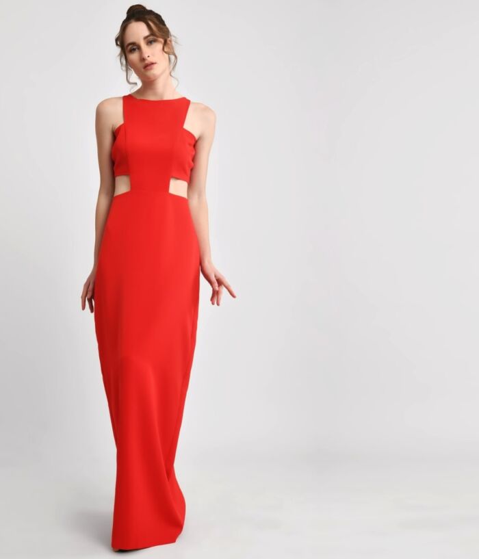 Red Hot Waist Cutout Long Sheath Dress