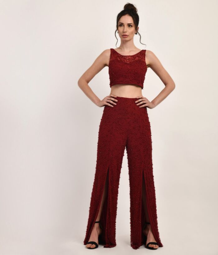 SM Premium Maroon Tone on Tone Embellished Crop Top and Pants Combo Set