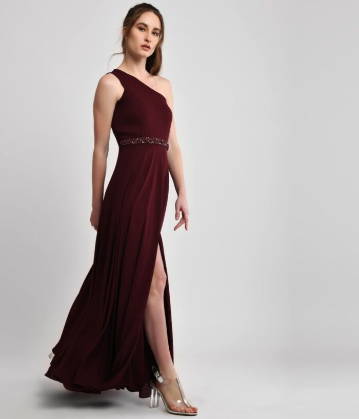 Sexy Cranberry One Shoulder Embellished Gown