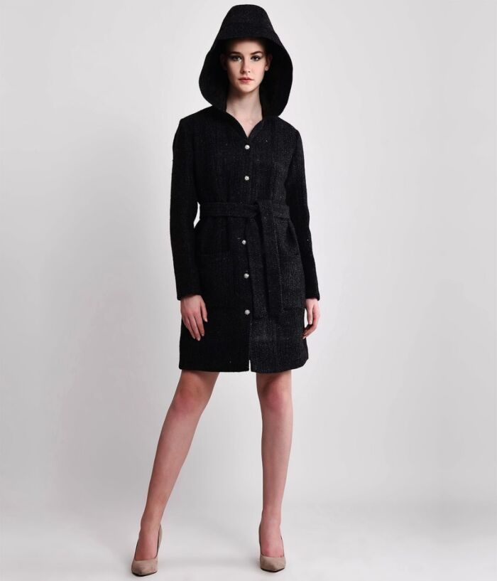SM Premium Black Sheep Wool Large Hood Overcoat