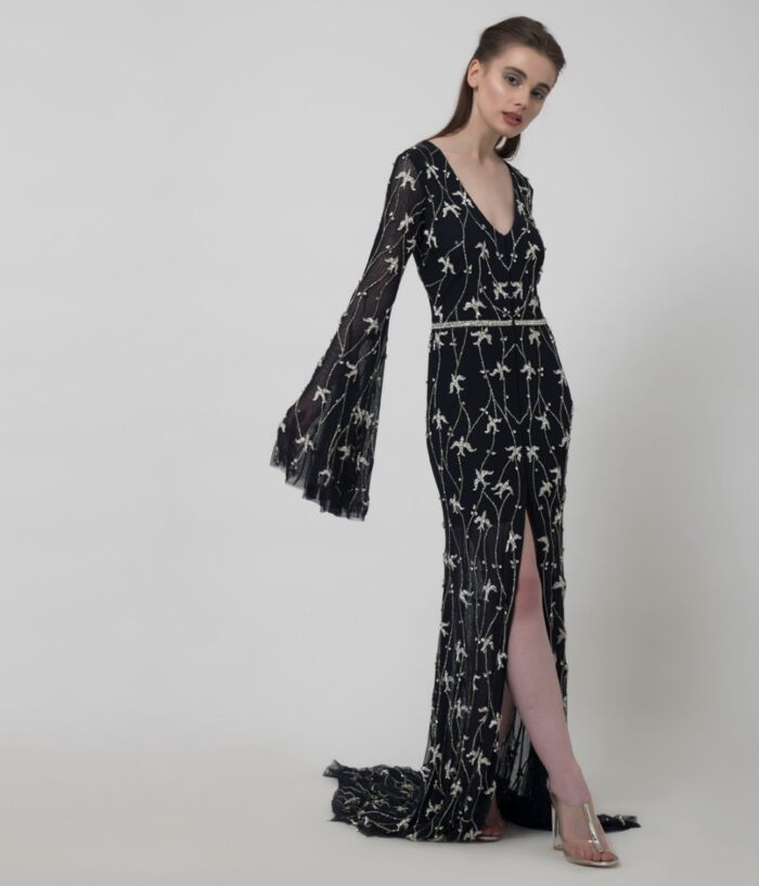SM Premium Crystal Embellished Fit to Flare Gown with Long Flounce Sleeves and Centre Slit