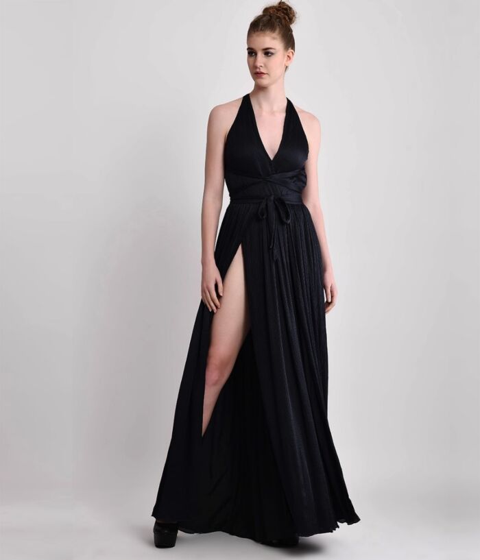 SM Premium Dark Grey Backless Wrap Cocktail Gown With High Slits