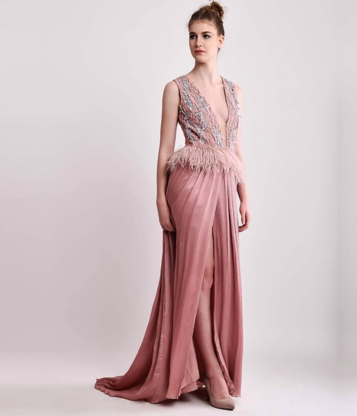 SM Premium Dusty Pink Plunging Neck Ruched Embellished Gown