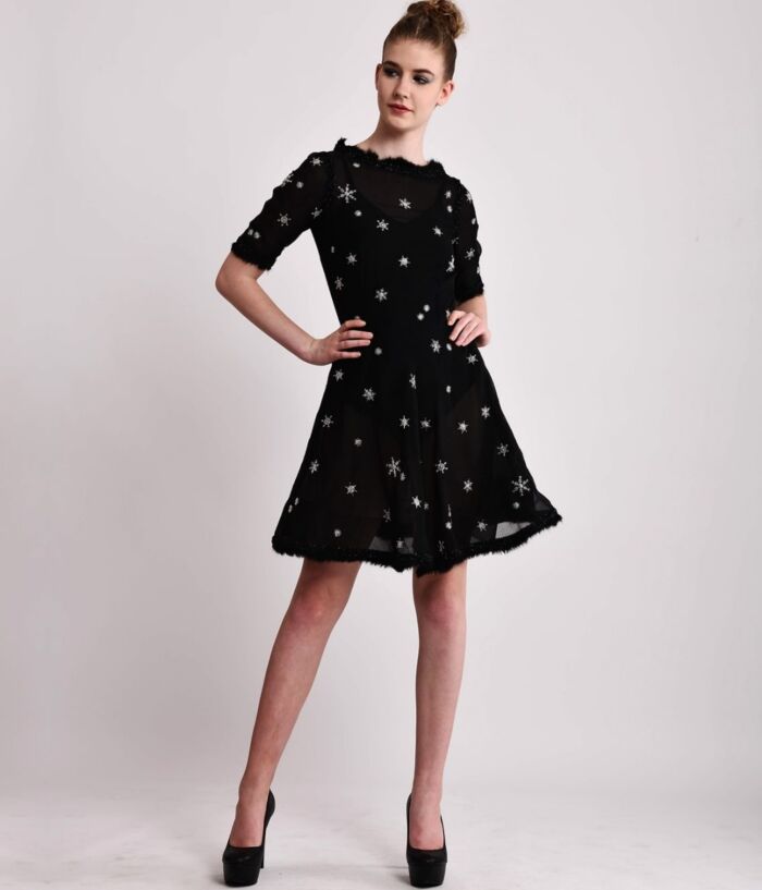 SM Premium Embellished Silk Organza Sheer Black Mini Dress with Body Suit