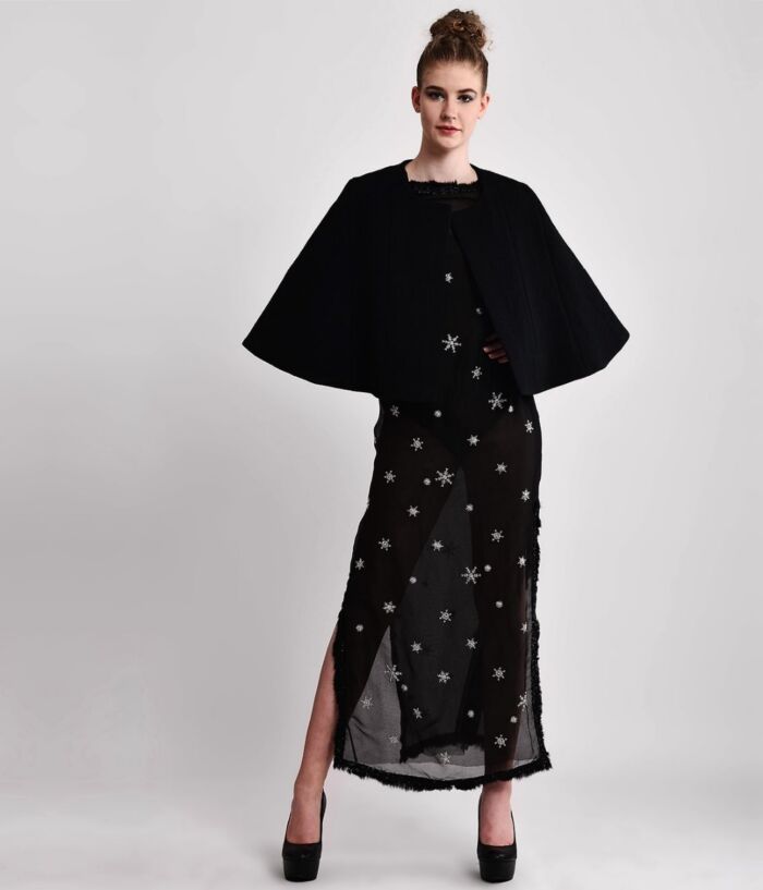 SM Premium Embellished Silk Organza Sheer Black Sheath Dress with Body Suit
