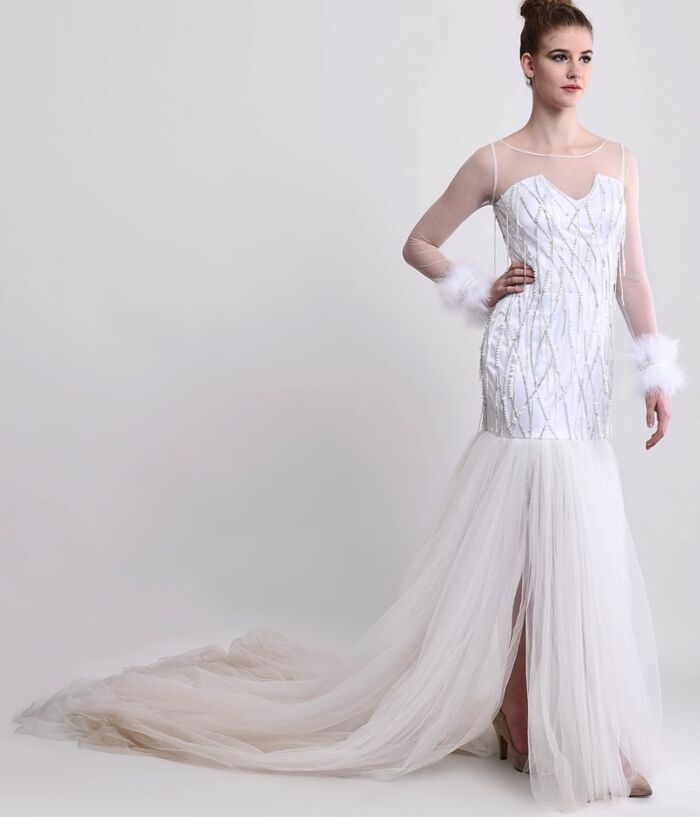 SM Premium Embellished White Gown With Sweeping Trail