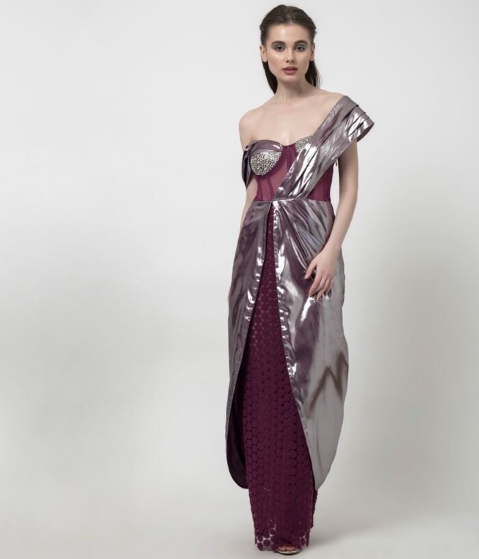 SM Premium Crystal Embellished Asymmetric Dress in Metallic Magenta