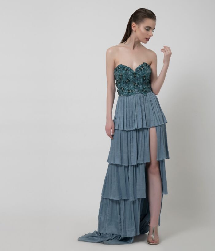 SM Premium Dusty Blue Off Shoulder Intricately Embellished Tiered Gown