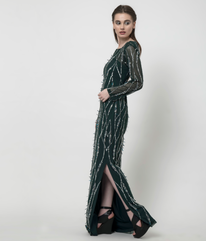 SM Premium Embellished Sheath Dress with Cutout Back and High Slit