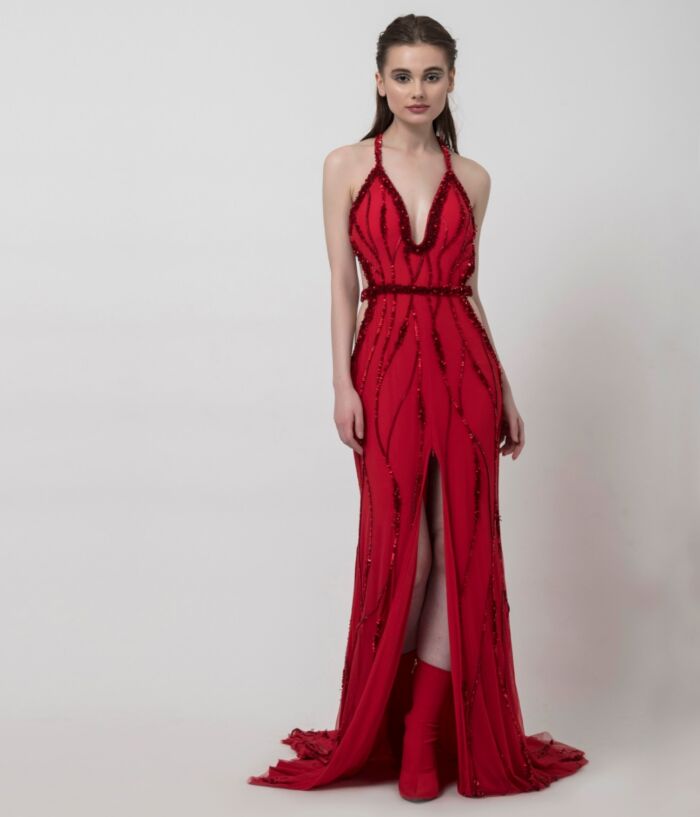 SM Premium Embellished Valentine Red Backless Gown Featuring Thigh High Slit