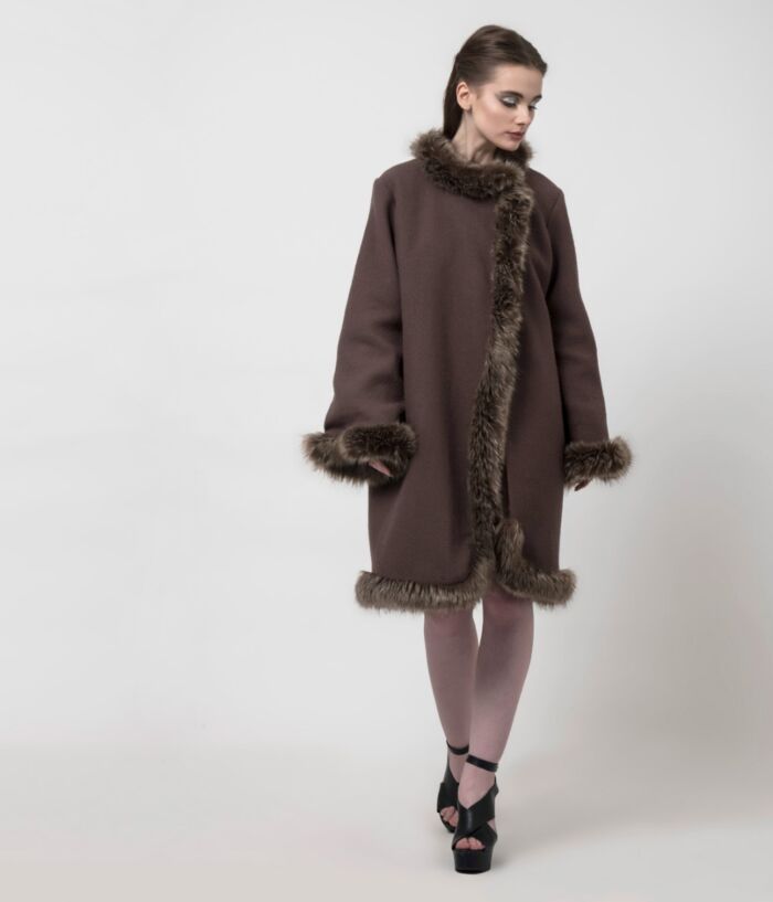 SM Premium Faux Fur Trimmed Wrap Effect Wool Coat