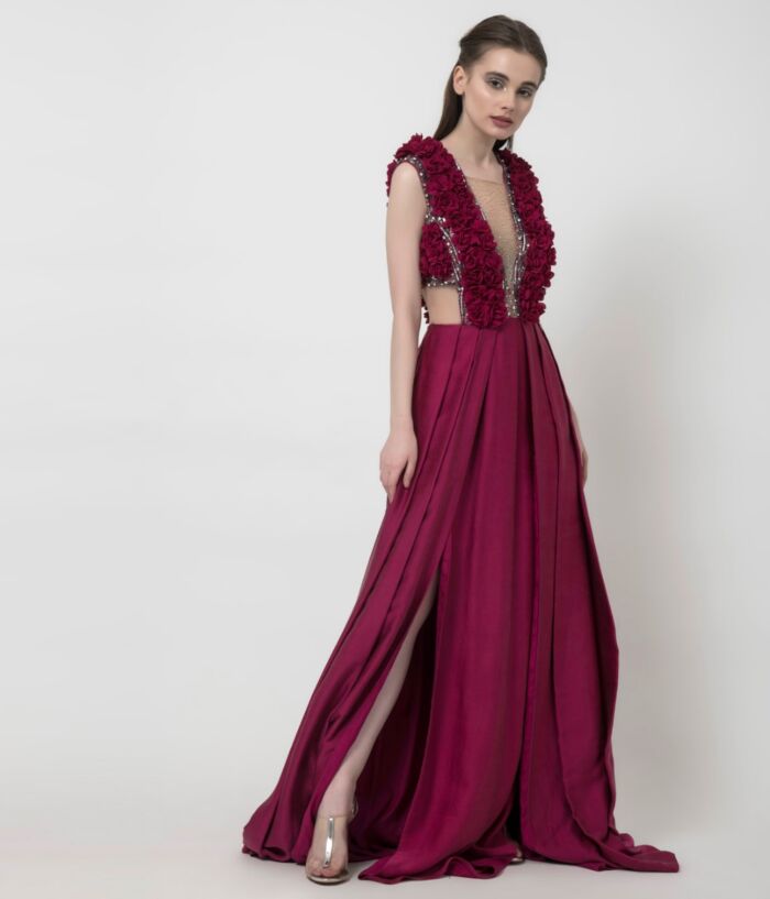 SM Premium Intricately Embellished and Appliquéd Draped Gown in Fuchsia Pink Featuring Double High Slits