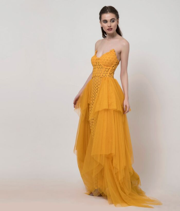 SM Premium Off Shoulder Dress and Sunflower Yellow With Overlay Draped Skirt