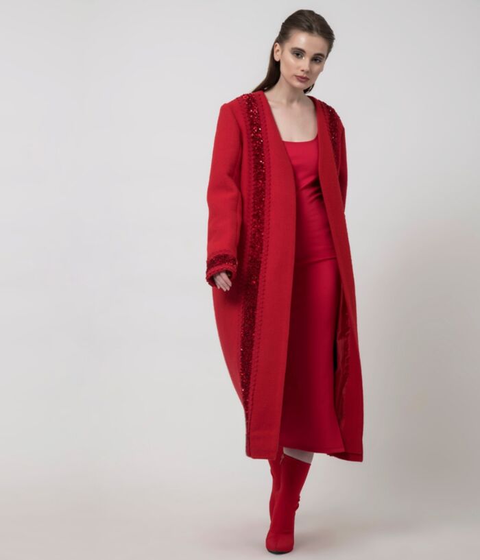SM Premium Valentine Red Embellished Wool Over Coat