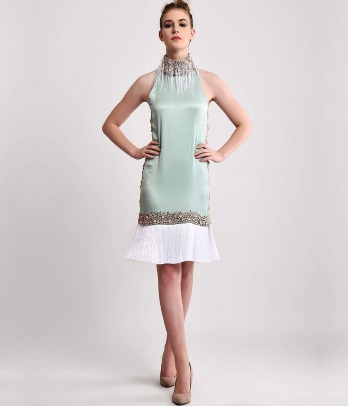 SM Premium Mint Crystal Embellished High Neck Fringed Dress