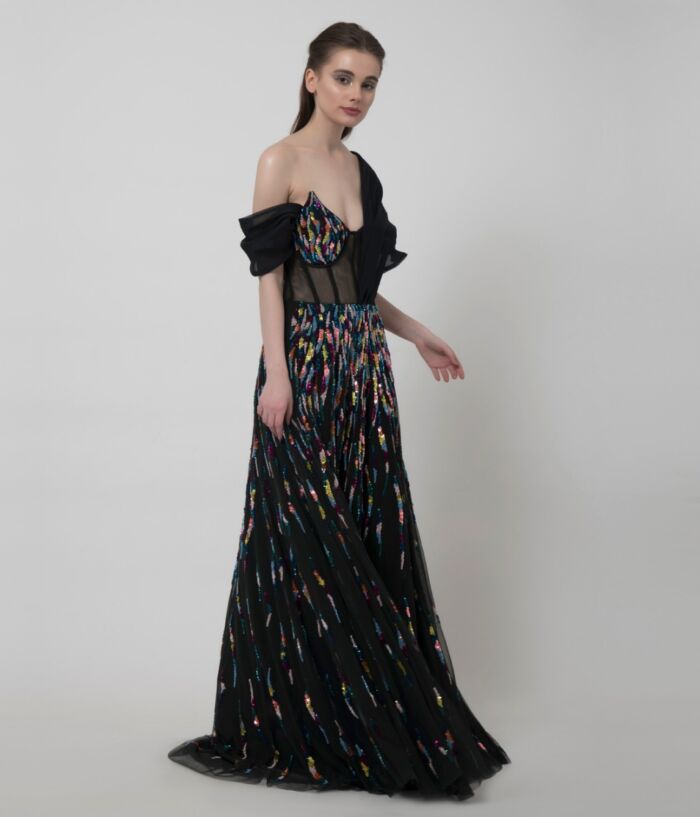 SM Premium Multicoloured Sequin Embellishments on Black Asymmetric Silk Draped Dress