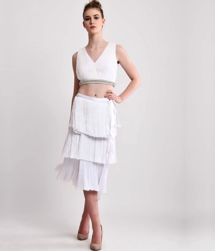 SM Premium Sexy Embellished Crop Top & Fringe Wrap Skirt Combo Set