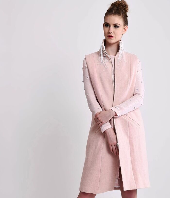SM Premium Sheep Wool Swarovski Embellished Fringe High Neck Pale Pink Jacket
