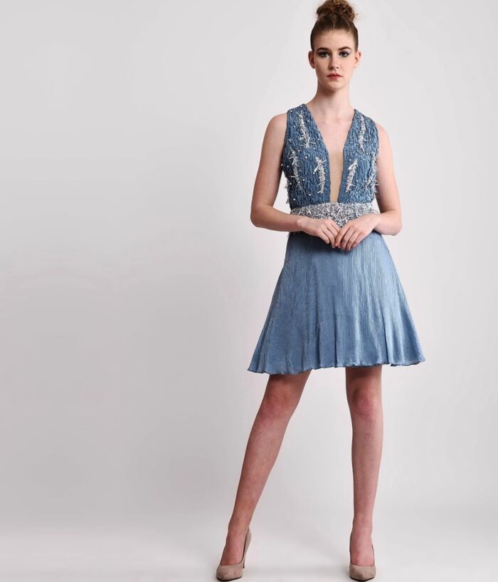 SM Premium Silk Dusty Blue Plunge Neck 3D Embellished Mini Dress