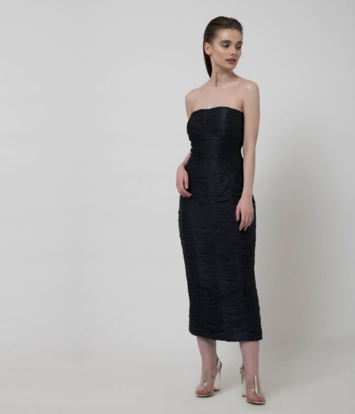 SM Premium Strapless Slate Gray Ruched Silk Midi Dress