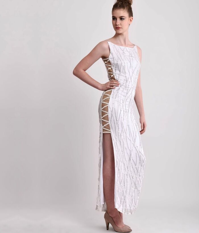 SM Premium White Silk Sculpted Side Sheer Embellished Dress