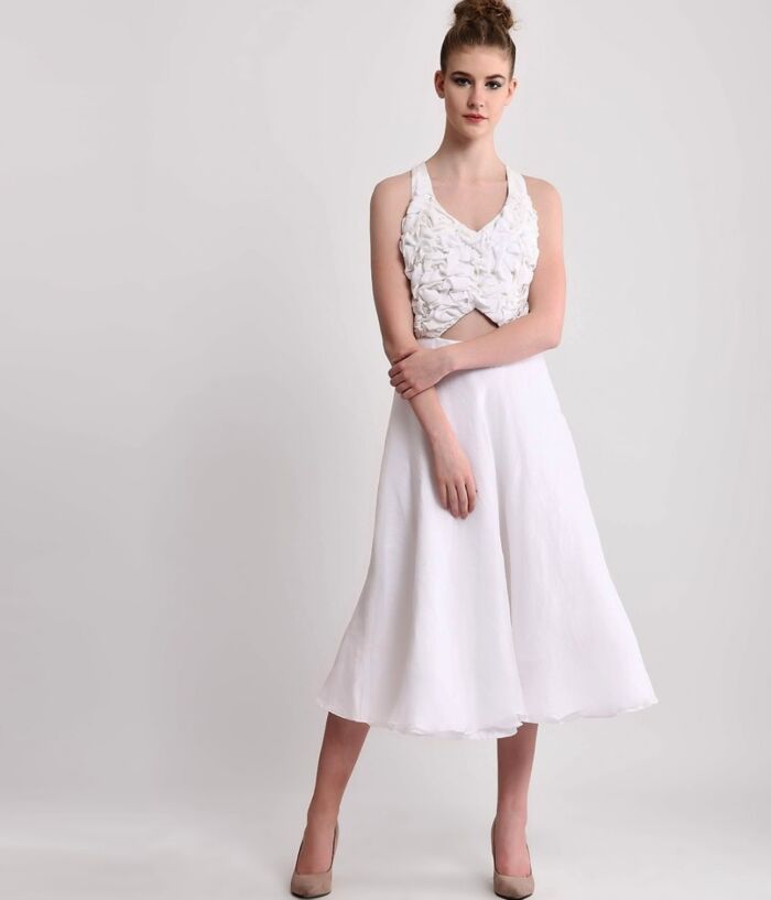 SM Premium White Silk Triangle Cut out Tea length Dress