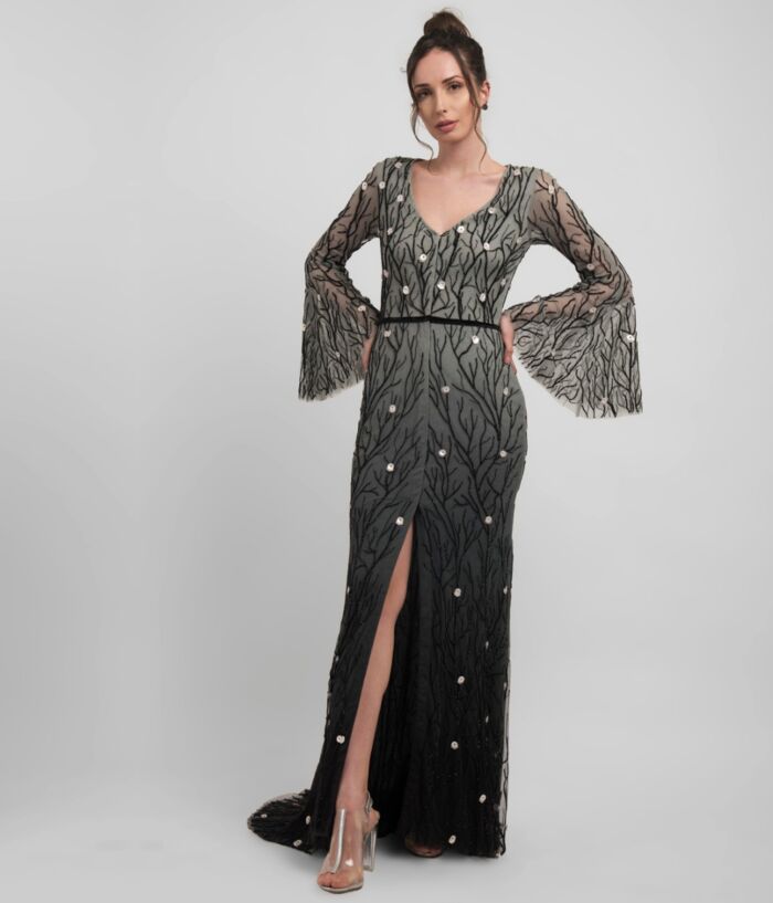 SM Premium Elegant Black V Neck Ombre Gown with Flared Sleeves Featuring Intricate Hand Beading and a Sweeping Trail