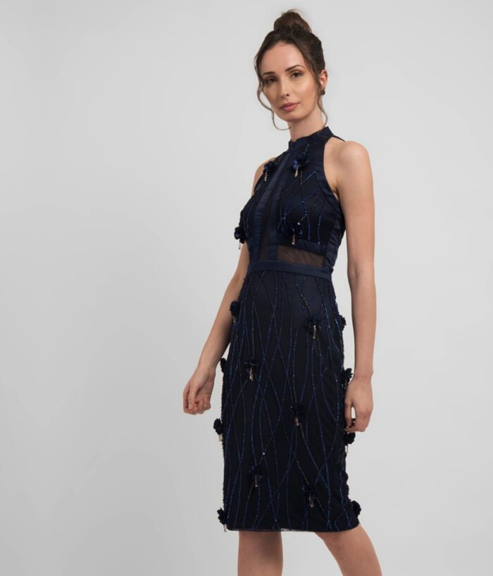 SM Premium Midnight Blue Embellished Midi Dress Featuring Sheer Geometric Cutouts