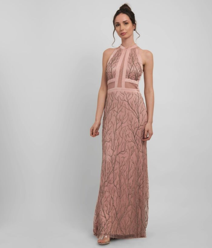 SM Premium Dusty Pink Halter Neck Gown Featuring Intricate Beading And Fringes With Sheer Panels