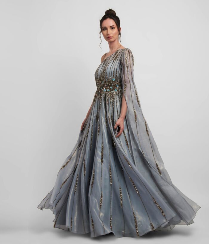 SM Premium Dusty Blue One Shoulder Cape Effect Full Flared Embellished Gown