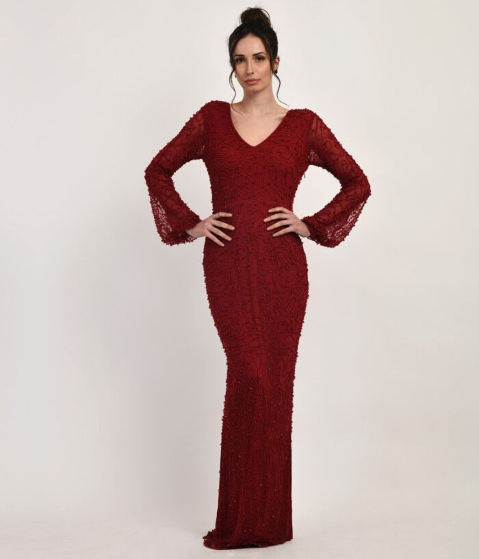 SM Premium Maroon Tone on Tone Fully Embellished Long Fitted Dress with Sheer Bishop Sleeves