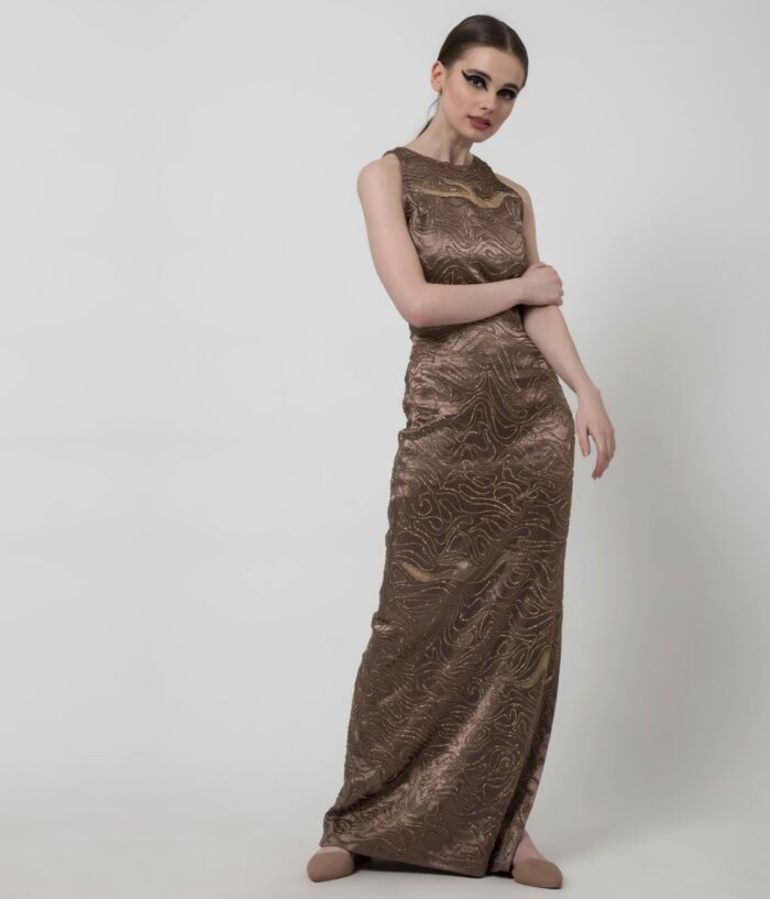 SM Premium Embellished Metallic Bronze Sexy Fitted Halter Neck Dress Featuring a Side Slit
