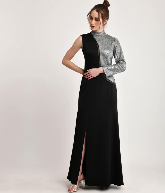 Timeless Elegance Asymmetrical A line Black & Silver Gown